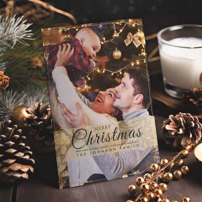 Tarjeta Festiva Sencillos Navidades de fotografía de marco dorado (Subido por el creador)