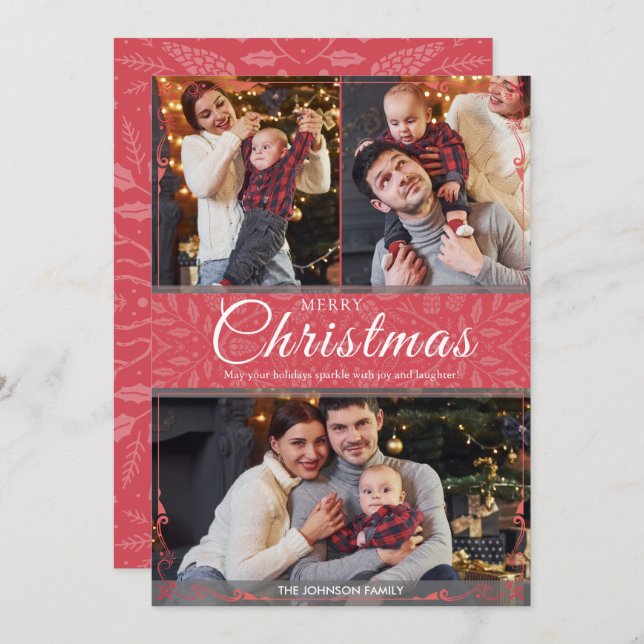 Tarjeta Festiva Sencillos Navidades de fotos del marco rojo 3 (Anverso / Reverso)