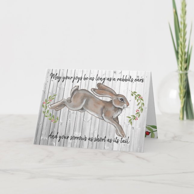 Tarjeta Festiva Sencillos Navidades de madera de conejo ruso año n (Anverso)