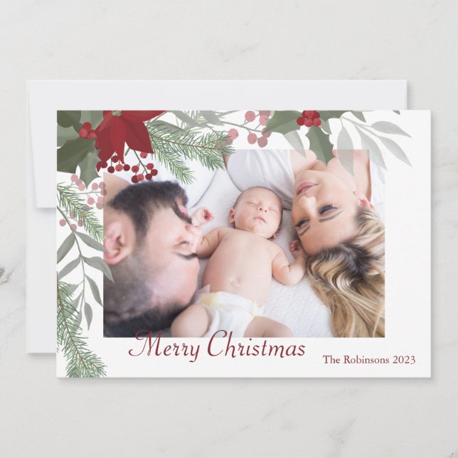 Tarjeta Festiva Sencillos Navidades Holly Foto de vegetación botán (Anverso)