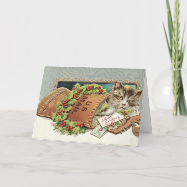 Tarjeta Festiva Sending you A meowy Christmas kitty in Mail bag (Anverso)