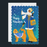 Tarjeta Festiva Señora de Art Nouveau con perro de Doodle<br><div class="desc">Una mujer elegante caminando su perro Doodle por la ciudad mientras la nieve empieza a caer. Ambos están vestidos con abrigos acogedores. Lleva una bolsa de compras de Hanukkah en el brazo y un sueño ocioso en la mano. Una ciudad de barrio modernista en segundo plano.</div>