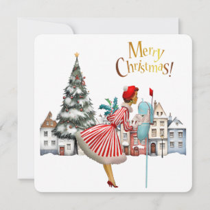 Tarjeta Festiva Señora de la Vintage de 1950, con saludos navideño