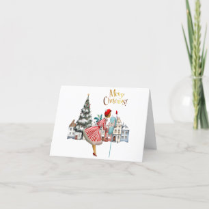 Tarjeta Festiva Señora de la Vintage de 1950, con saludos navideño