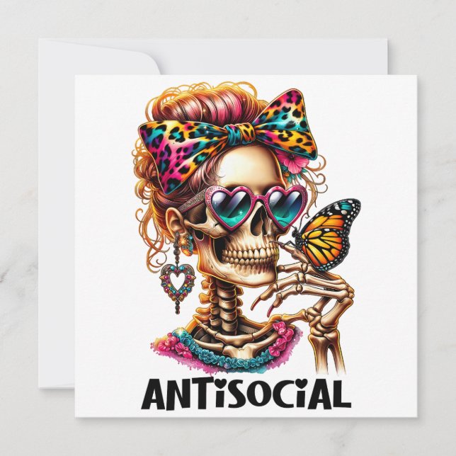 Tarjeta Festiva Señora Esqueleto Antisocial (Anverso)