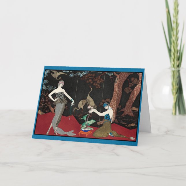 Tarjeta Festiva Señora y cigüeñas del art déco (Anverso)