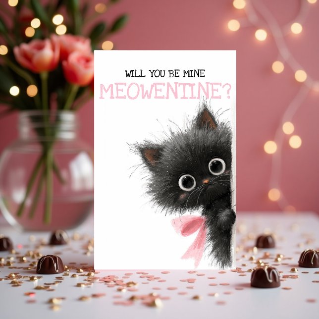 Tarjeta Festiva ¿Serás mío Meowentín? Lindo Día de San Valentín (Will You Be Mine Meowentine? Cute Black Cat Valentine’s Day Card)