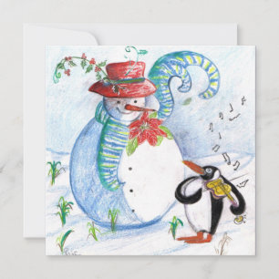TARJETA FESTIVA SERENATA INVERNAL DE MUÑECO DE NIEVE Y PINGÜINO