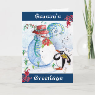 TARJETA FESTIVA SERENATA INVERNAL DE MUÑECO DE NIEVE Y PINGÜINO