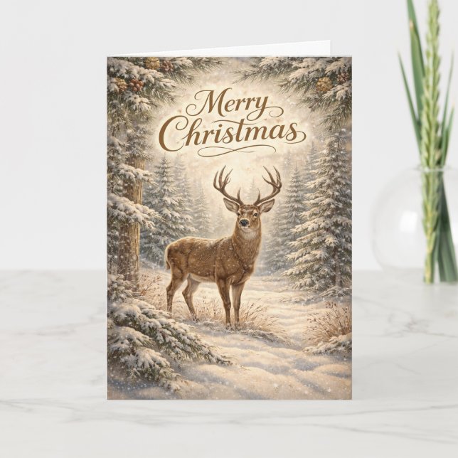 Tarjeta Festiva Serene Winter Deer Merry Christmas Forest Scene (Anverso)
