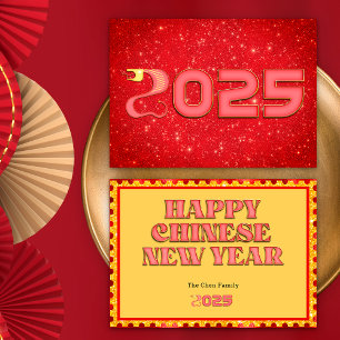 Tarjeta Festiva Serpiente Roja y Dorada Año Nuevo Chino 2025