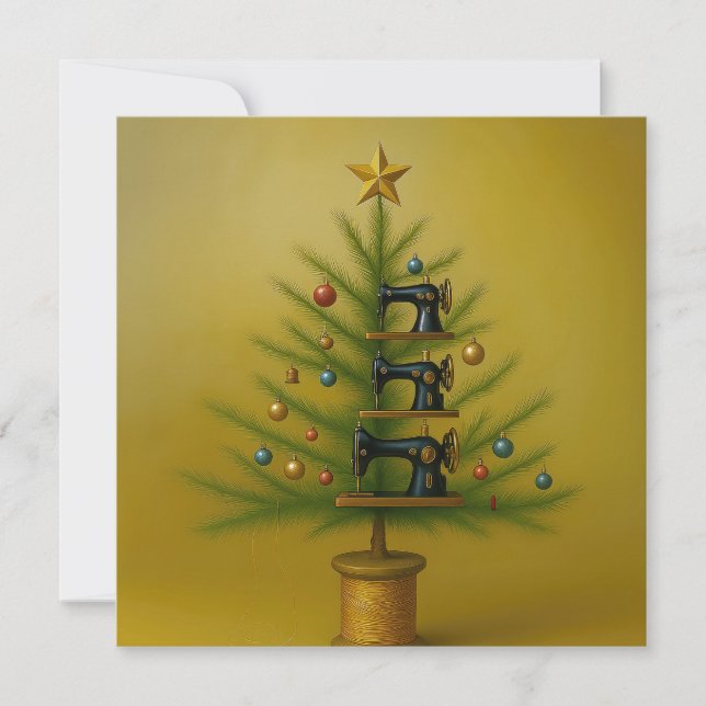 Tarjeta Festiva Sewing machine Christmas tree Happy Crafty Xmas (Anverso)