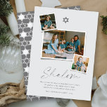 Tarjeta Festiva Shalom Gray Star De David 3 Foto Simple Hanukkah<br><div class="desc">Esta moderna y minimalista tarjeta Hanukkah muestra el saludo "Shalom" en un moderno guión de escritura a mano. El símbolo Star Of David, de color gris plateado, se encuentra en la parte superior central con 3 imágenes de collage. En la parte inferior de la tarjeta encontrarás un pequeño deseo de...</div>