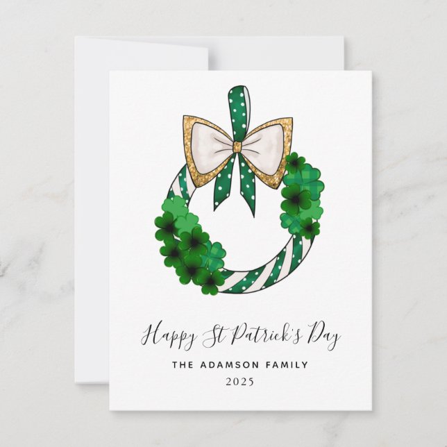 Tarjeta Festiva shamrock st Patrick's day wreath purpurina moderno (Anverso)