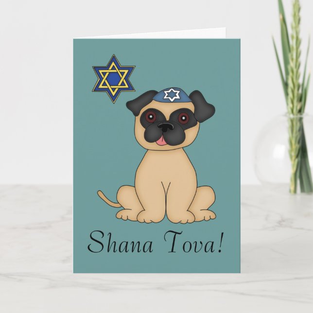 Tarjeta Festiva Shana Tova-Cute Judío Pug Dog (Anverso)
