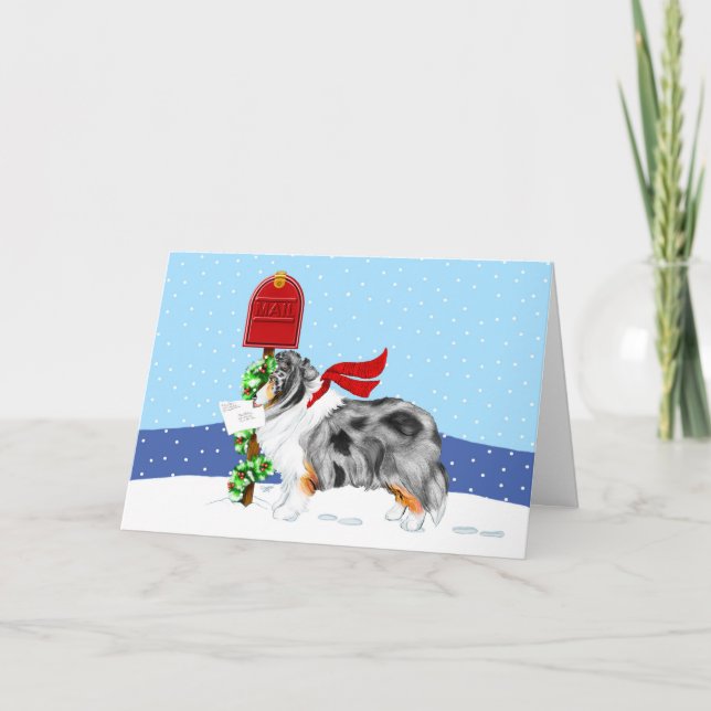 Tarjeta Festiva Sheltie Navidades Mail Blue Merle (Anverso)