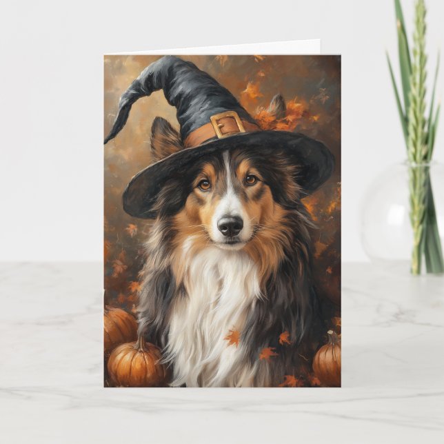 Tarjeta Festiva Sheltie Witch Halloween (Anverso)