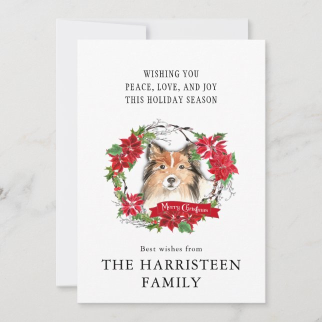 Tarjeta Festiva Shetland Sheepdog Watercolor Poinsettia Navidades (Anverso)