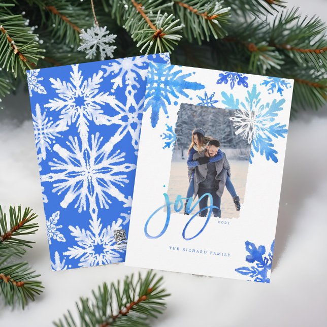 Tarjeta Festiva Shibori Tie Dye Royal Blue Snowflakes Photo (Shibori Tie Dye Royal Blue Snowflakes Photo Holiday Card)