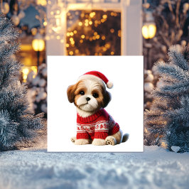 Tarjeta Festiva Shih Tzu con suéter rojo