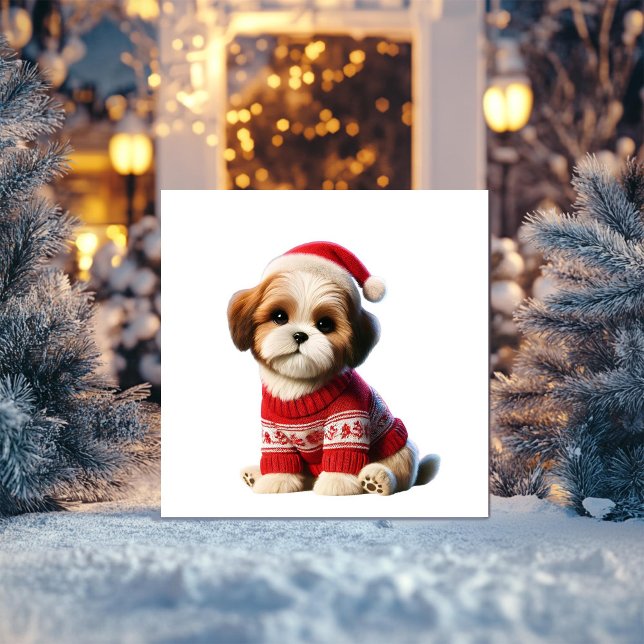 Tarjeta Festiva Shih Tzu con suéter rojo (Subido por el creador)