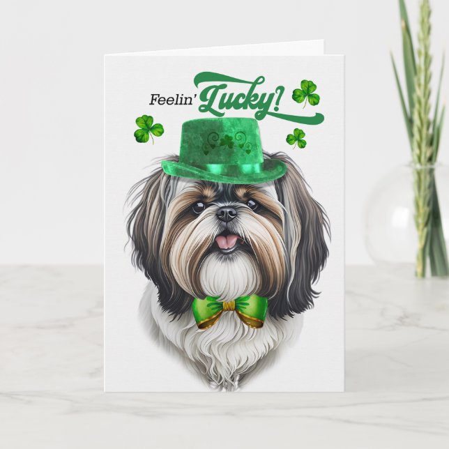 Tarjeta Festiva Shih Tzu Dog Feelin' afortunado Día de San Patrici (Anverso)
