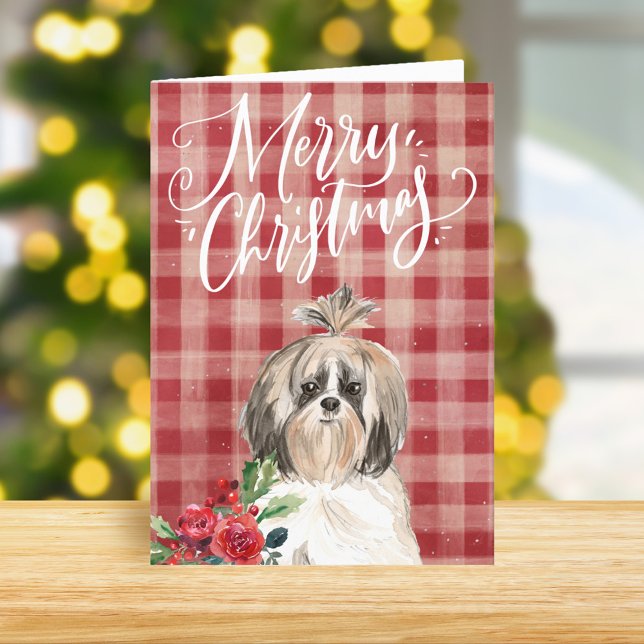 Tarjeta Festiva Shih Tzu Dog Red Plaid Navidades (Subido por el creador)