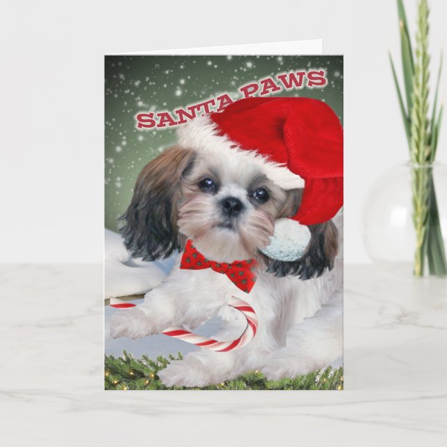 Tarjeta Festiva Shih Tzu Santa Paws (Anverso)