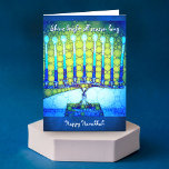 Tarjeta Festiva Shine bright blue menorah custom name Hanukkah<br><div class="desc">“Shine bright all season long. Happy Hanukkah.” A close-up photo of a bright, colorful, blue artsy menorah helps you usher in the holiday of Hanukkah. Feel the warmth and joy of the holiday season whenever you send this stunning, colorful Hanukkah greeting card. Matching envelopes, stickers, stamps, tote bags, serving trays,...</div>