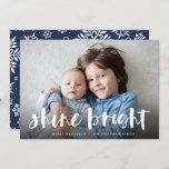 Tarjeta Festiva Shine Bright | Foto completa Hanukkah<br><div class="desc">La tarjeta de fotografía festiva Hanukkah muestra su foto horizontal o orientada al paisaje favorita en todo el sangrado,  con "brillo brillante" colocado en la tipografía de pincel con letras blancas. Personaliza la parte delantera de la tarjeta con tus nombres y mensajes de vacaciones cortos.</div>