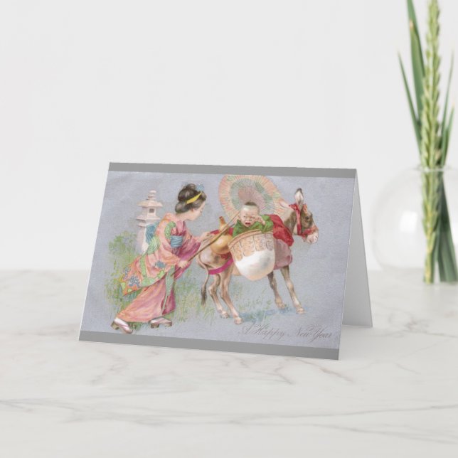 Tarjeta Festiva Shogatsu japonés bebé de Año Nuevo en Mule (Anverso)