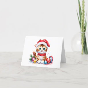 Tarjeta Festiva Shy Cute Naranja Santa Kitten BLANK