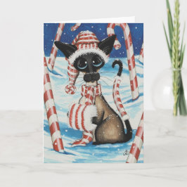 Tarjeta Festiva Siamese Candy Cane Kitty
