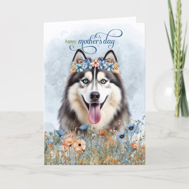 Tarjeta Festiva Siberian Husky Dog Wildflowers Mother's Day (Anverso)