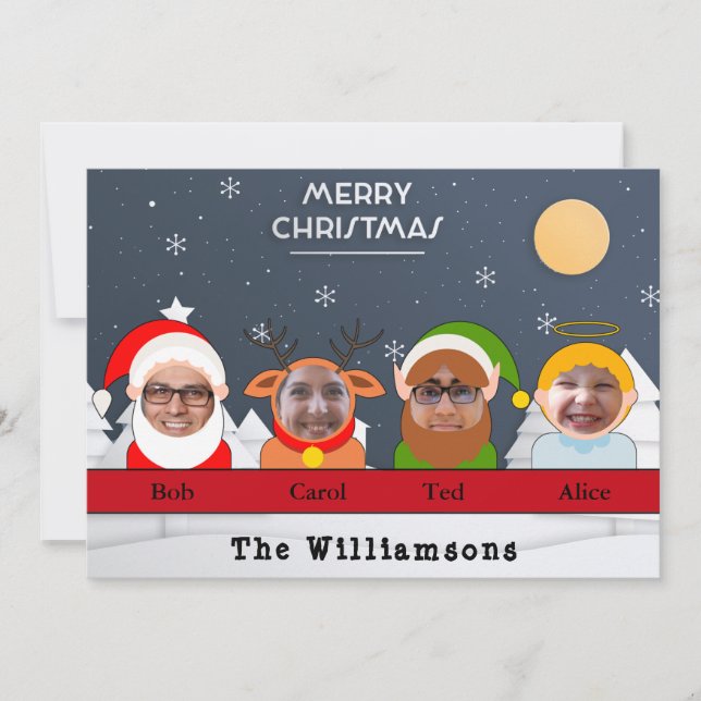 Tarjeta Festiva Silencio. Familia como foto de elfo reno de Santa (Anverso)