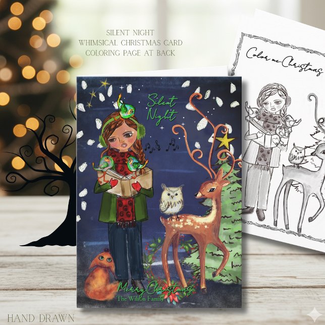 Tarjeta Festiva Silent Night Caroling Girl Woodland Animals  (Silent Night Caroling Girl Woodland Animals Holiday Card)