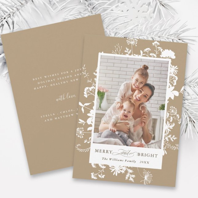 Tarjeta Festiva Silhouette Merry & Bright Wildflower Foto Tan (Front & Back)
