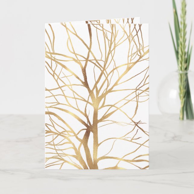 Tarjeta Festiva Silhouette moderna de árbol de oro Diseño blanco m (Anverso)