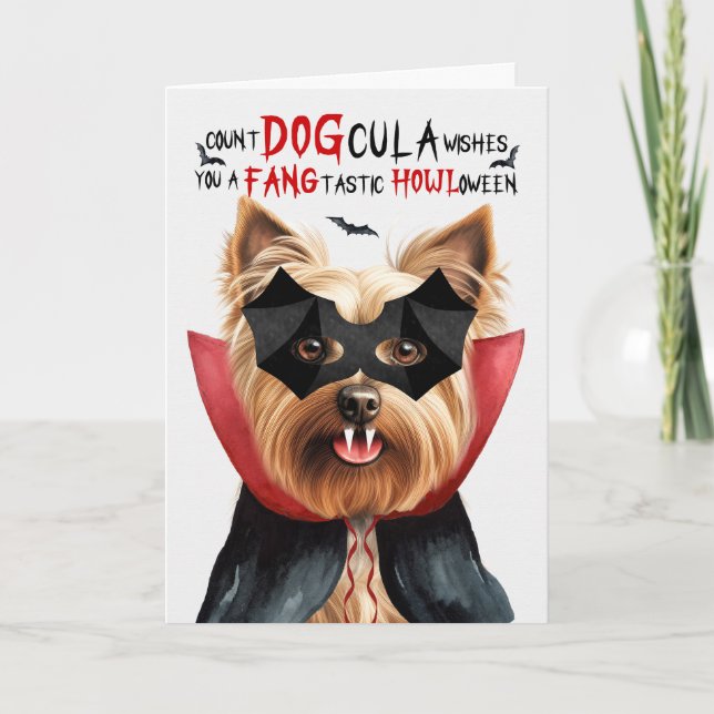 Tarjeta Festiva Silky Terrier Dog Funny Count DOGcula Halloween (Anverso)