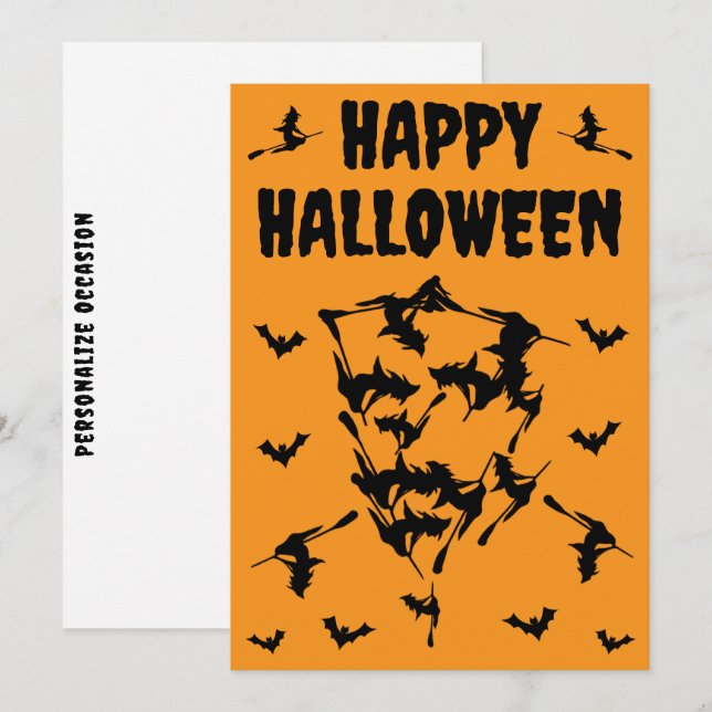 Tarjeta Festiva Silueta de cráneo de brujas voladoras de Halloween (Anverso / Reverso)