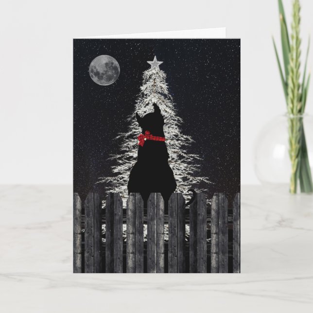 Tarjeta Festiva Silueta de gato en la valla pensando en tus Navida (Anverso)