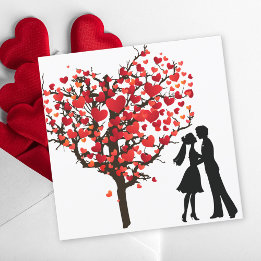 Tarjeta Festiva Silueta de pareja bajo árbol del corazón de San Va