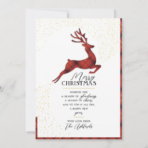 Tarjeta Festiva Silueta de Reno Elegante   Cuadros Rojos y Dorados