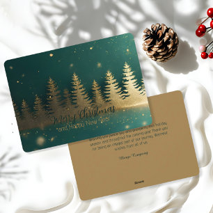 Tarjeta Festiva Silueta elegante de bosque de pinos dorados sobre