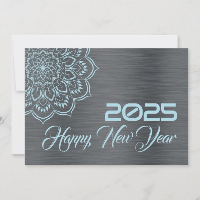 Tarjeta Festiva Silver blue wish card New Year with mandala (Anverso)