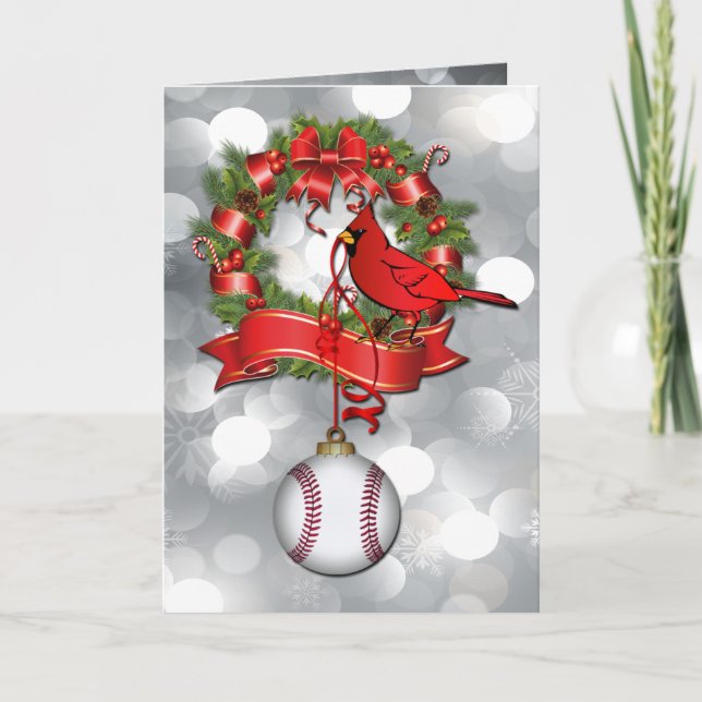 Tarjeta Festiva Silver Bokeh  Baseball Christmas Wreath with Red B (Anverso)