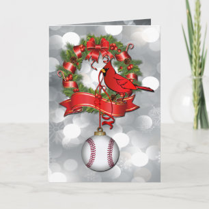 Tarjeta Festiva Silver Bokeh  Baseball Christmas Wreath with Red B