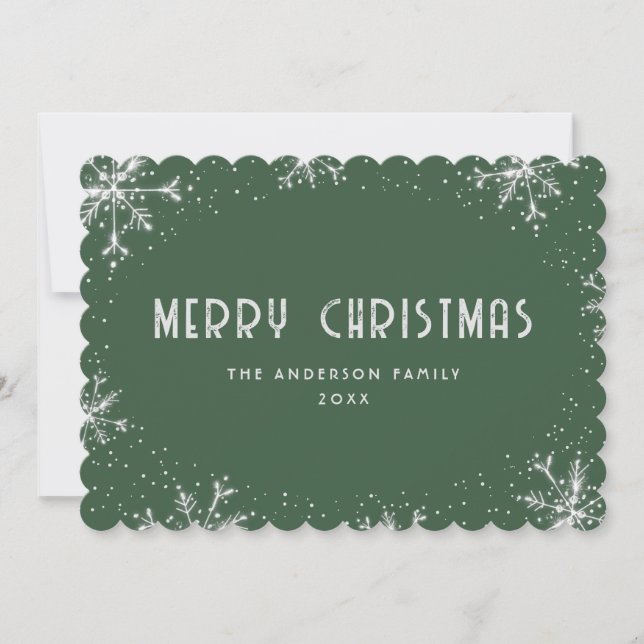 Tarjeta Festiva Silver Snowflake Snow Modern Green Christmas Card (Anverso)