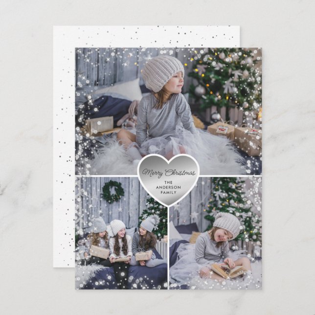 Tarjeta Festiva Silver Sparkly Photo Merry Christmas (Anverso / Reverso)