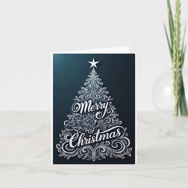 Tarjeta Festiva Silver Swirl Tree – Merry Christmas (Anverso)